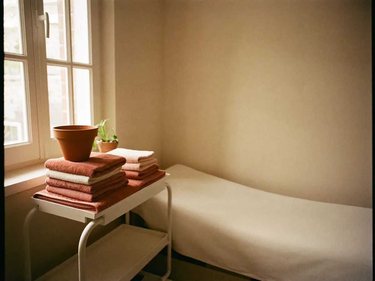 Folded towels and a plant beside the treatment couch