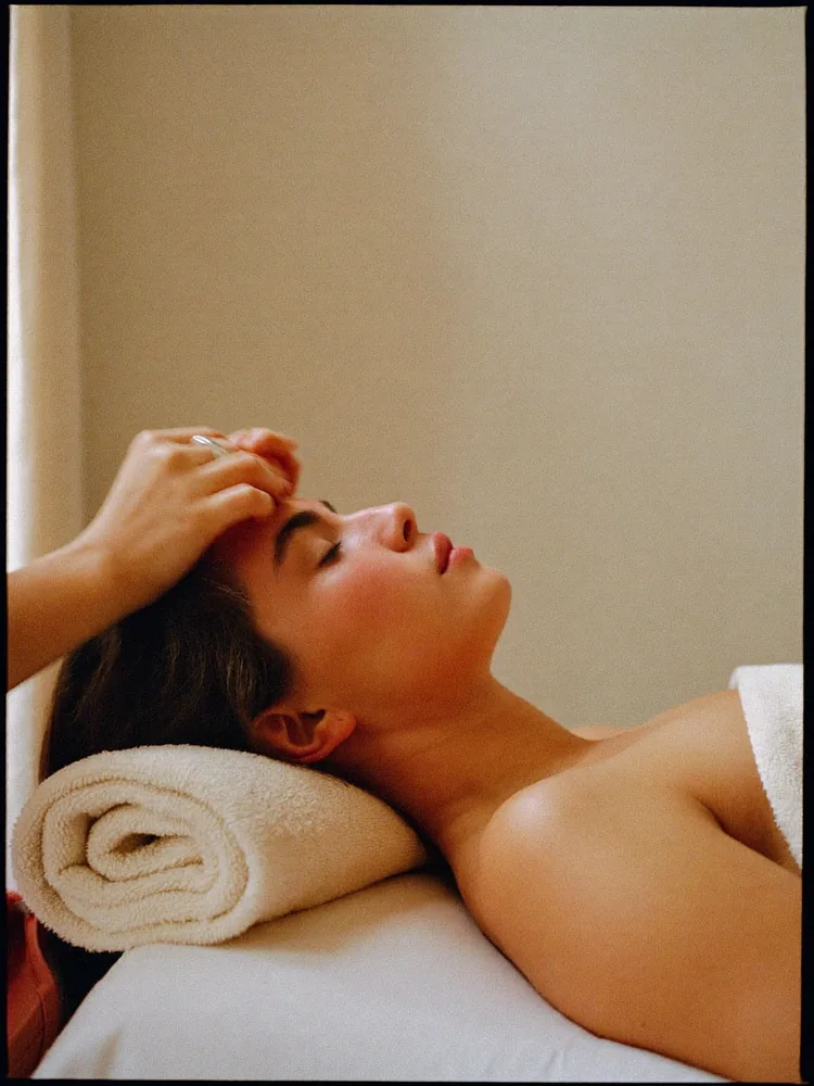 Client resting with eyes closed during a brow appointment