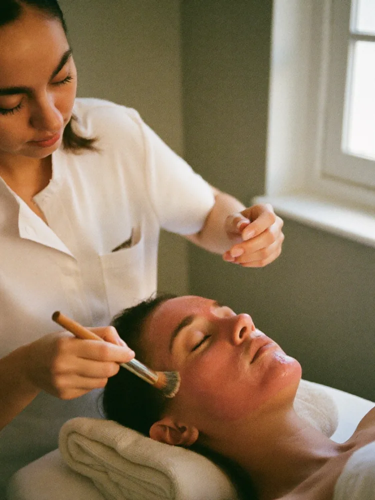 Therapist applying a facial mask with a brush