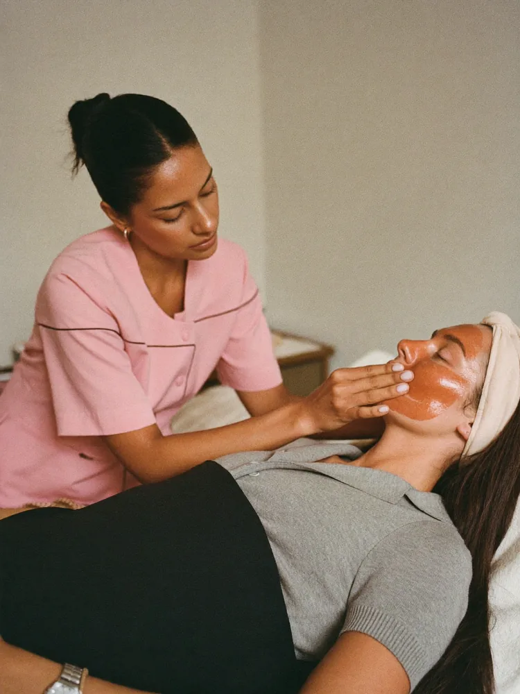 Therapist applying a facial mask to a client in a jumper