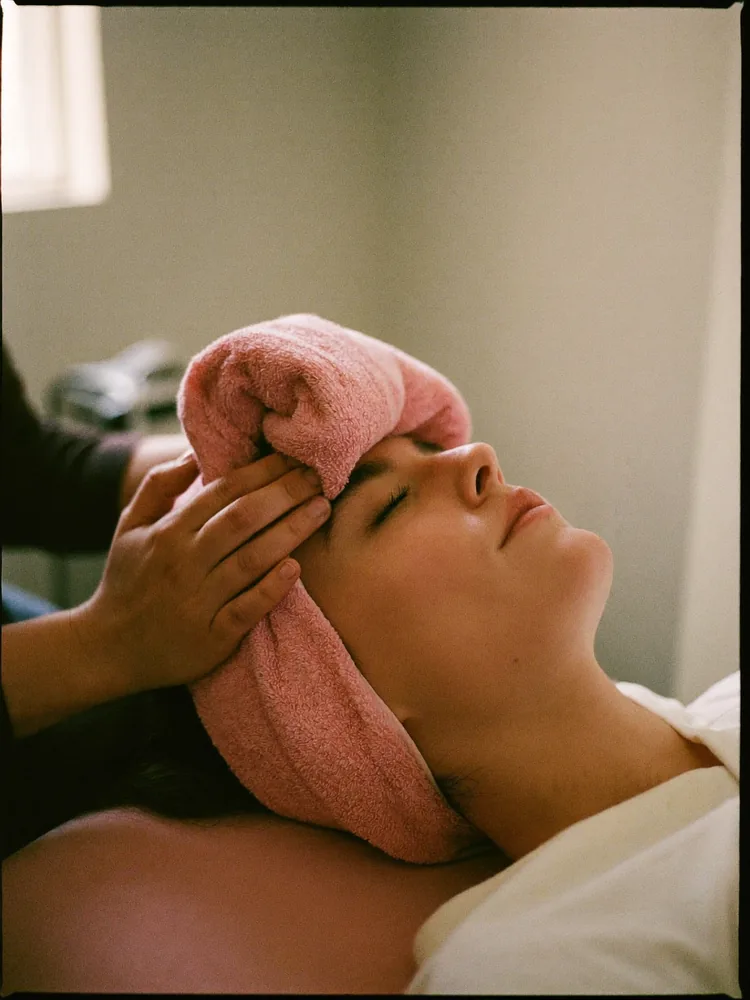 Warm towel resting over a client's face during a facial