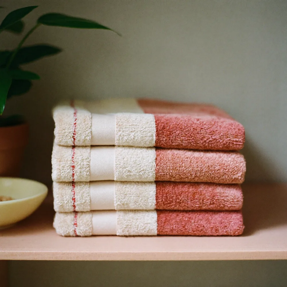 Folded cream towels stacked on a treatment room shelf