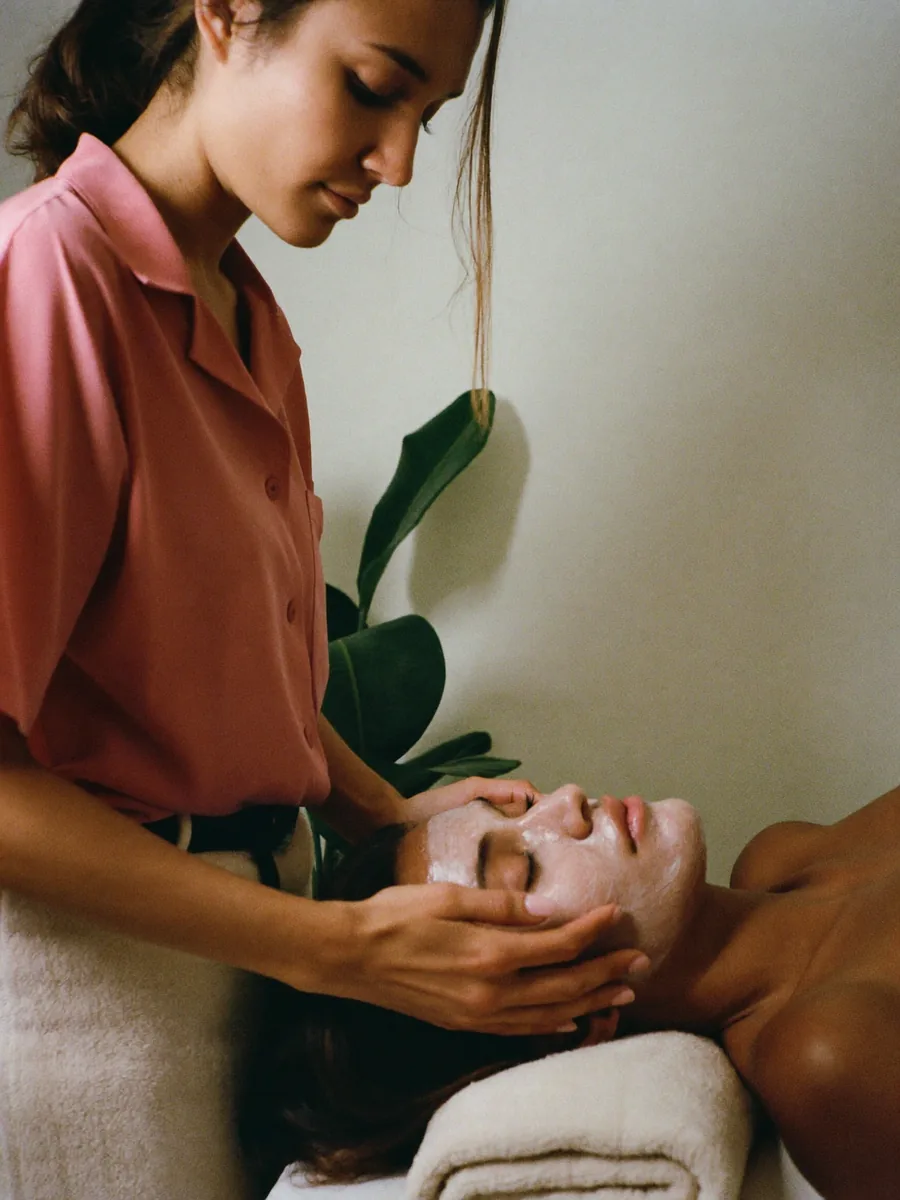 Therapist applying a facial treatment to a client resting on a treatment couch